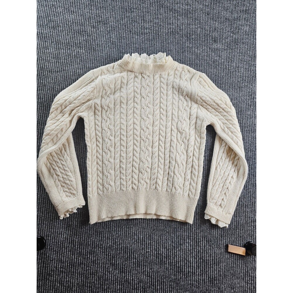 Lush Ivory Cable Knit Sweater Lace Trim Neck & Sleeves Viscose Blend Sz M